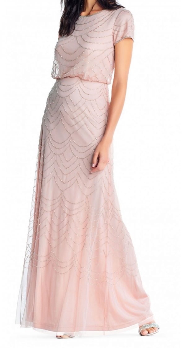 VESTIDO LARGO DE MANGUITAS CON CUELLO REDONDO Y PEDRERIA