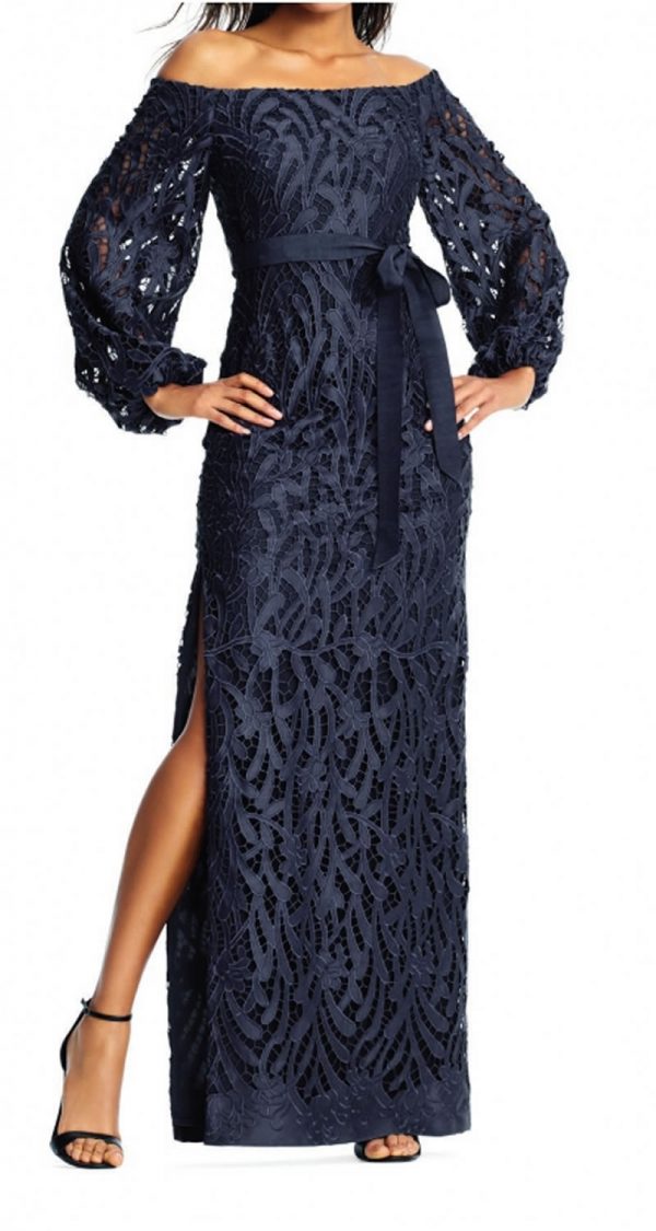 VESTIDO LARGO MANGA LARGA BROCADO SIN HOMBROS