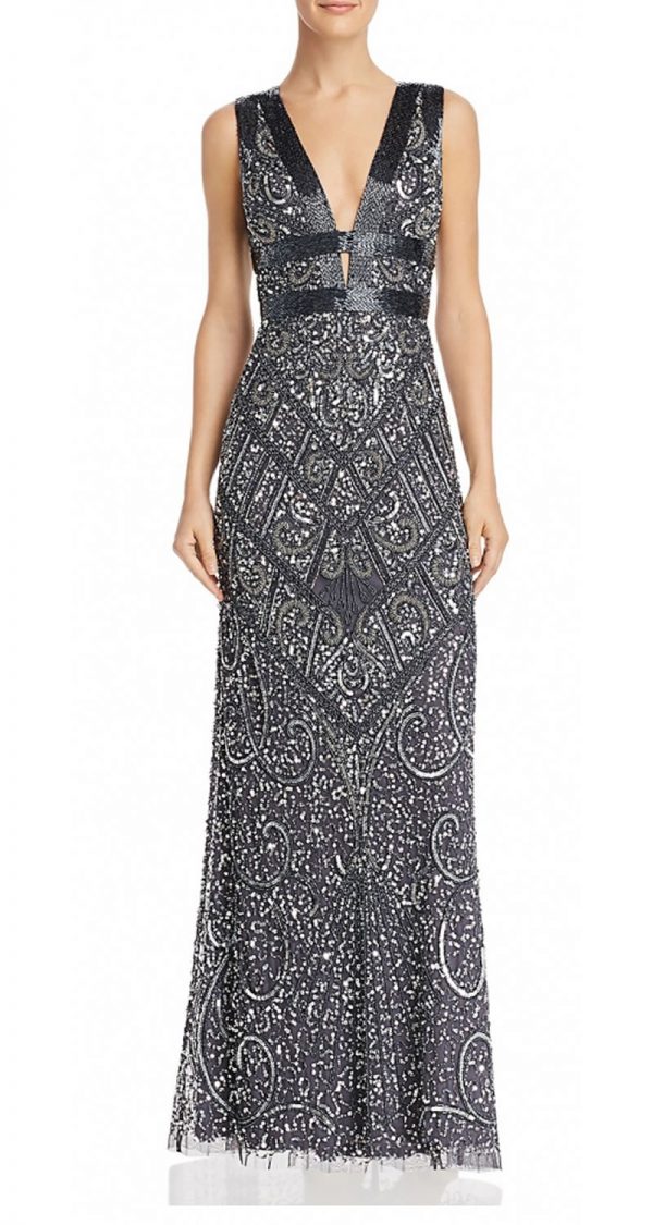 VESTIDO DE PEDRERIA PLOMO CON ESCOTE EN V
