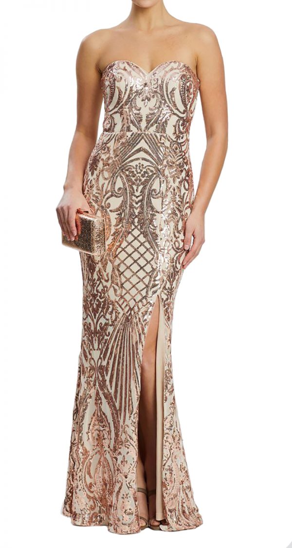VESTIDO STRAPLESS DE LENTEJUELAS CON ABERTURA