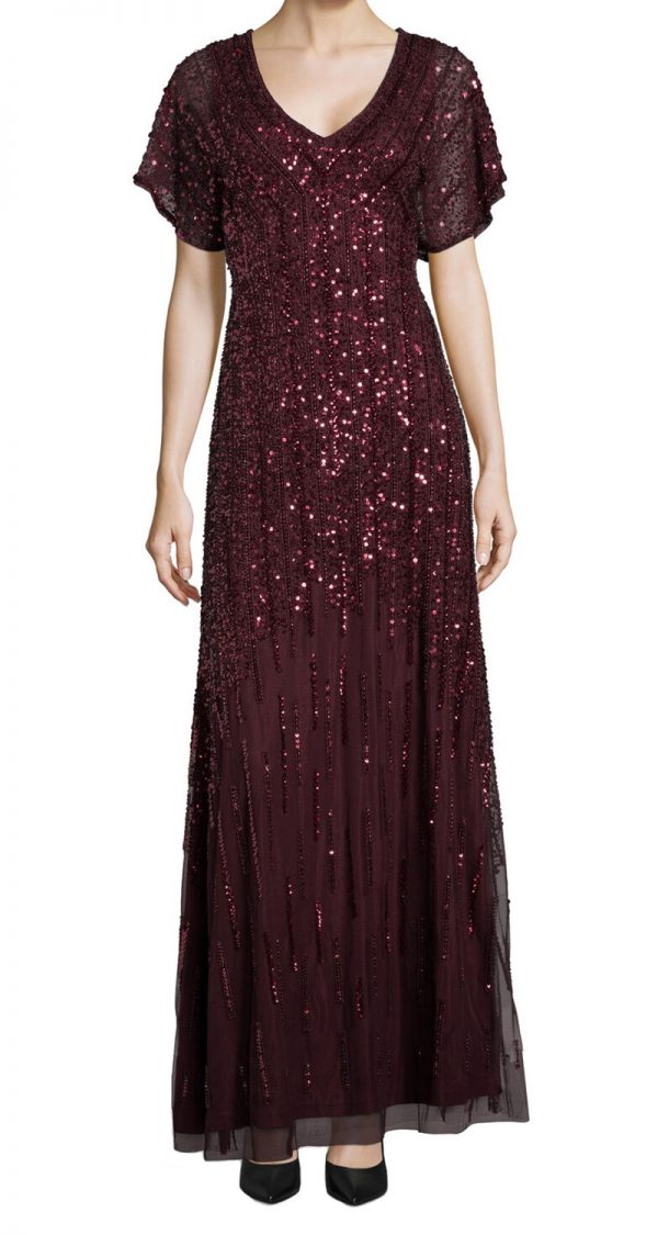 VESTIDO EN V DE MANGUITAS CON PEDRERIA