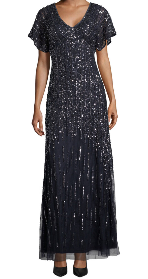 VESTIDO EN V DE MANGUITAS CON PEDRERIA AZUL OSCURO