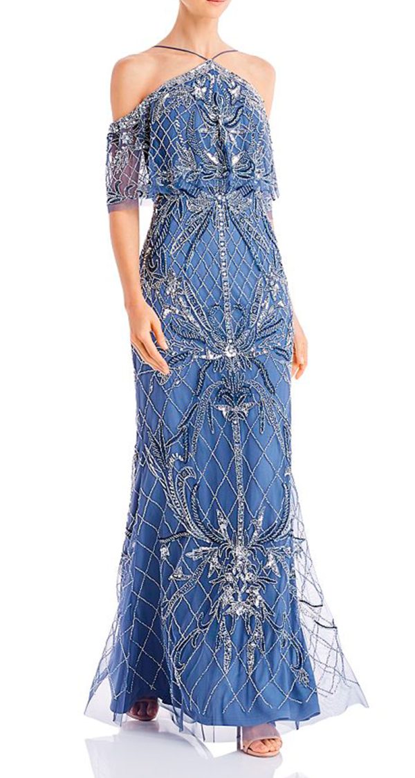 VESTIDO DE HOMBROS CAIDOS BORDADO EN PEDRERIA