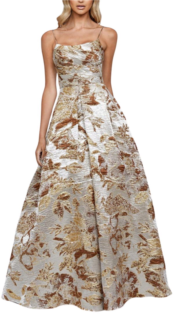 VESTIDO DE TIRITAS CORTE PRINCESA BROCADO