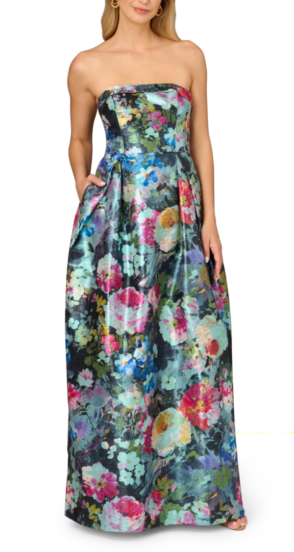VESTIDO STRAPLESS DE EN JAQUARD ESTAMPADO DE FLORES