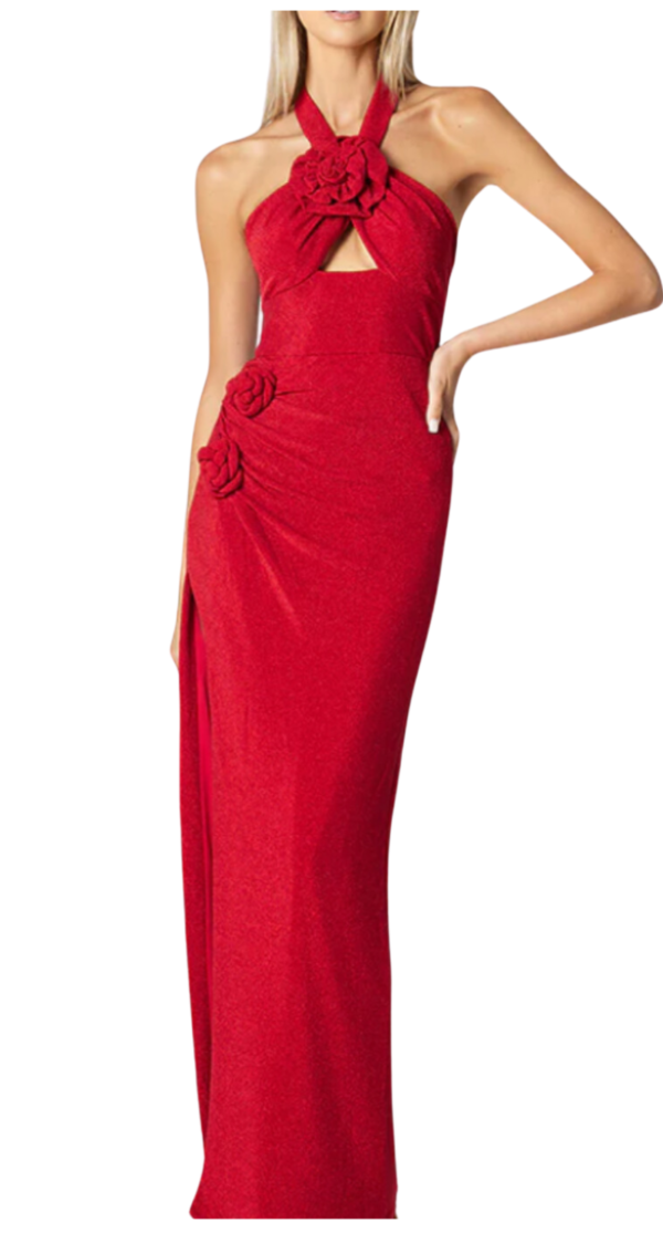 VESTIDO ESCOTE HALTER DE ESCARCHA CON APLIQUES DE FLORES