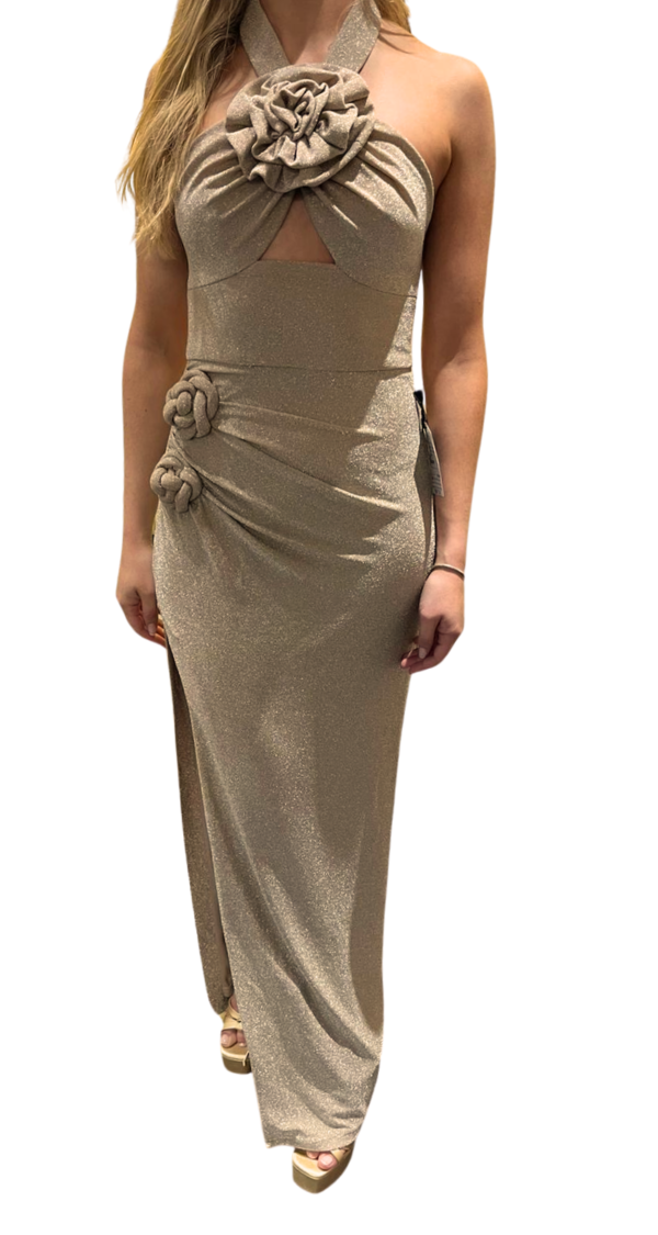 VESTIDO HALTER DE ESCARCHA CON APLIQUE DE FLOR