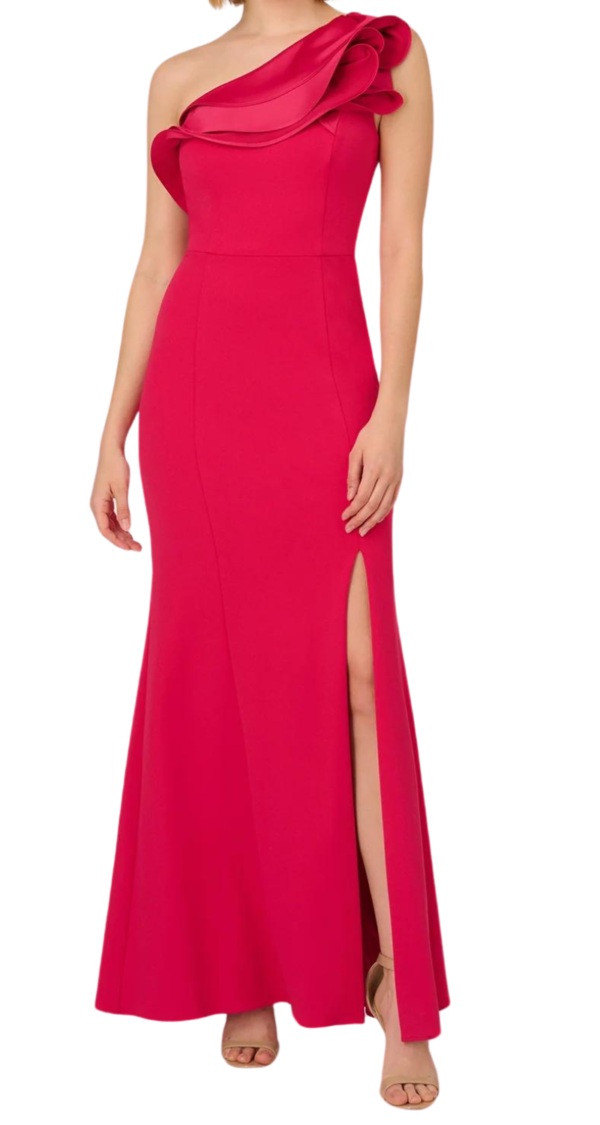 VESTIDO DE UN HOMBRO CON BOLERO Y ABERTURA
