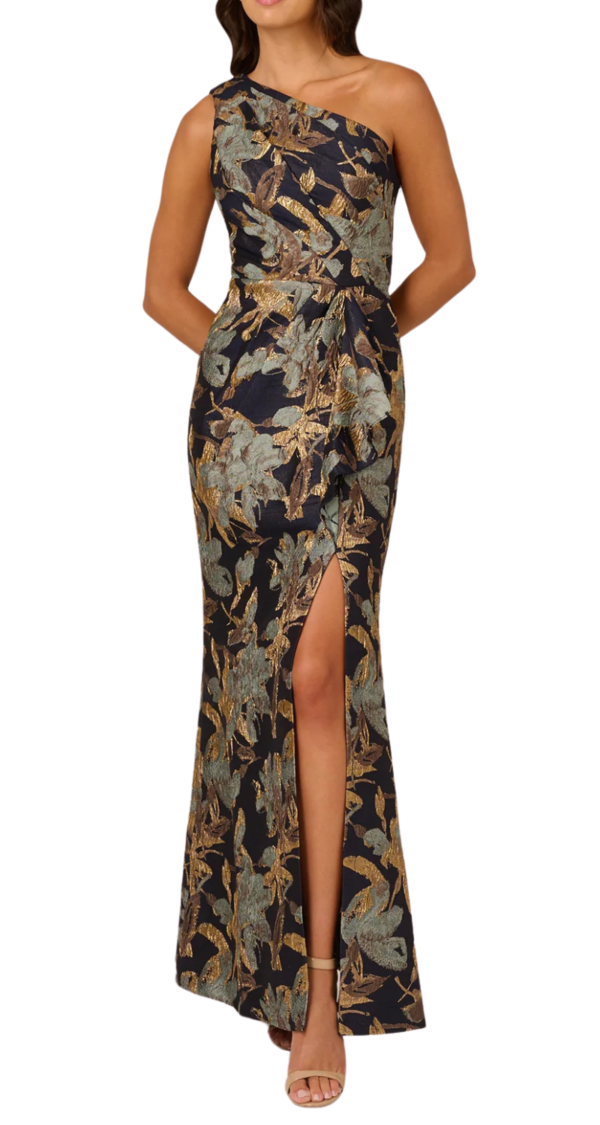 VESTIDO DE UN HOMBRO DE JAQUARD DE FLORES