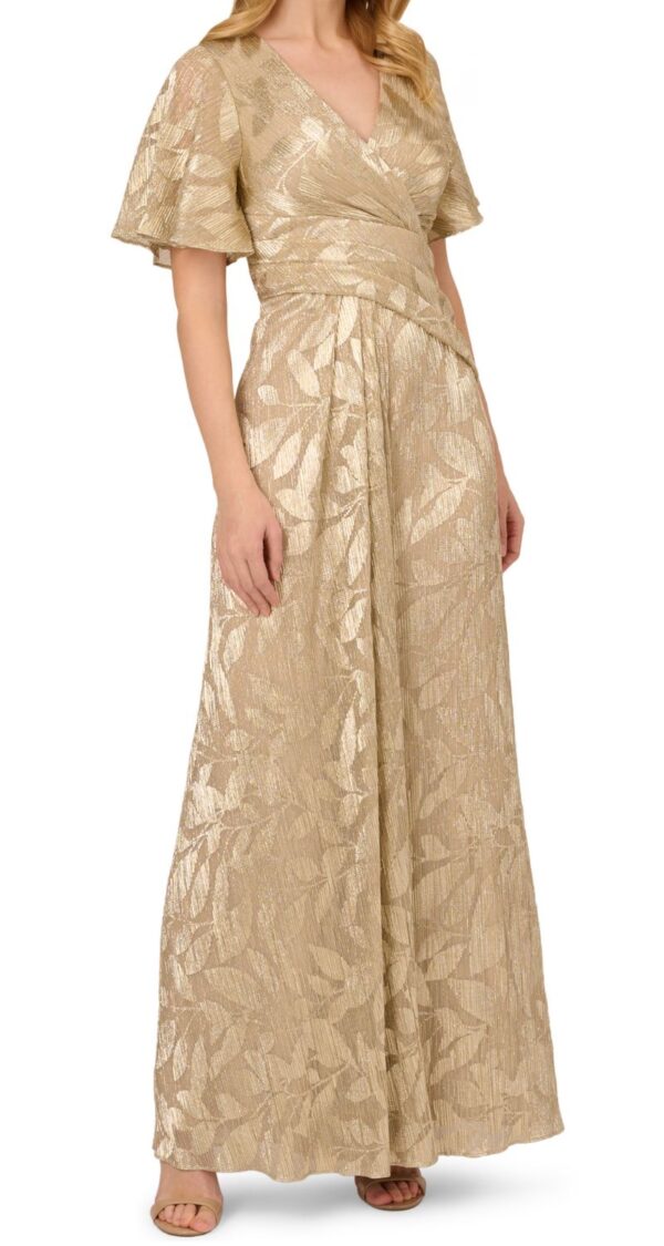 VESTIDO DE MANGAS METALIZADO DORADO CON ESTAMPADO HOJAS
