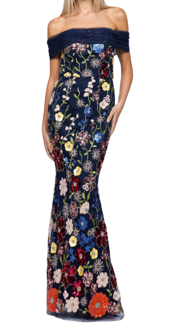 VESTIDO CUELLO BANDEJA FALDA SIRENA DE FLORES EN LENTEJUELAS