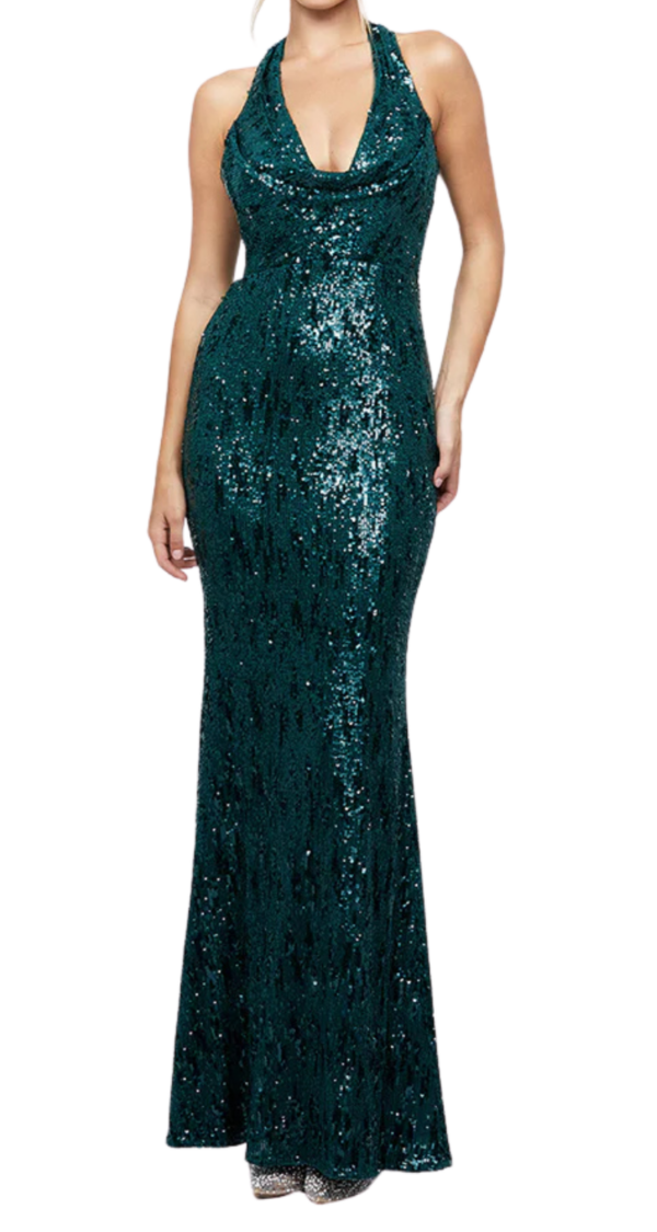 VESTIDO HALTER CON ESCOTE DRAPEADO DE LENTEJUELAS