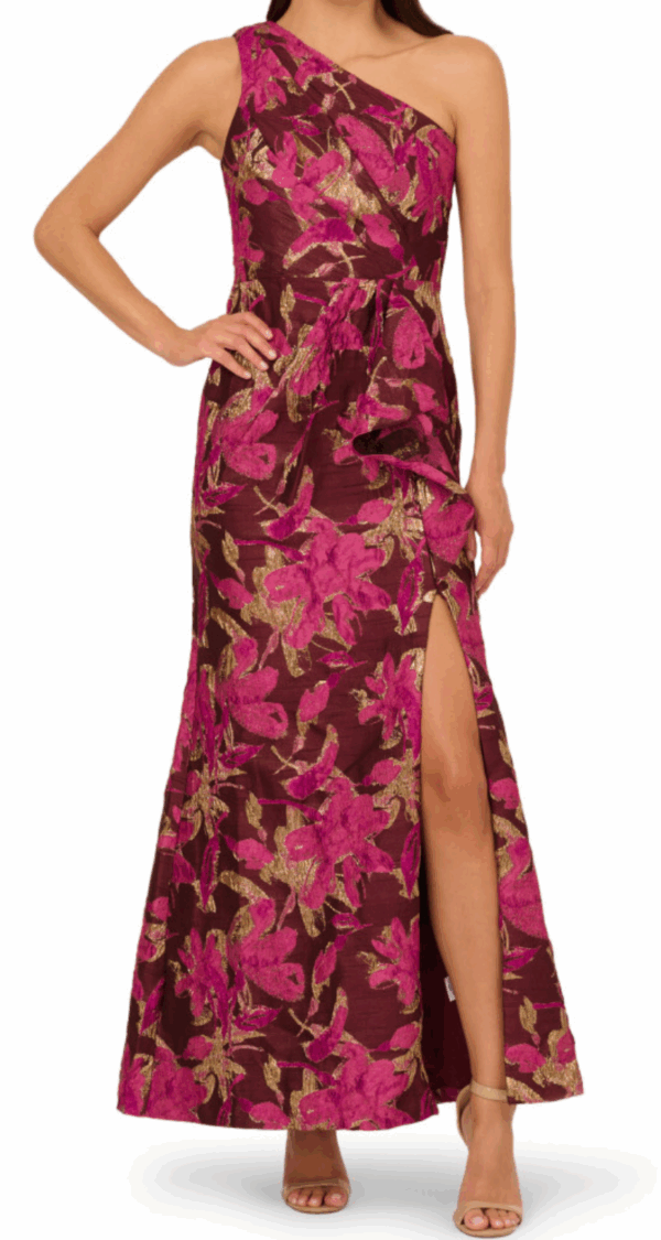 VESTIDO DE UN HOMBRO DE JAQUARD VINO TINTO Y DORADO