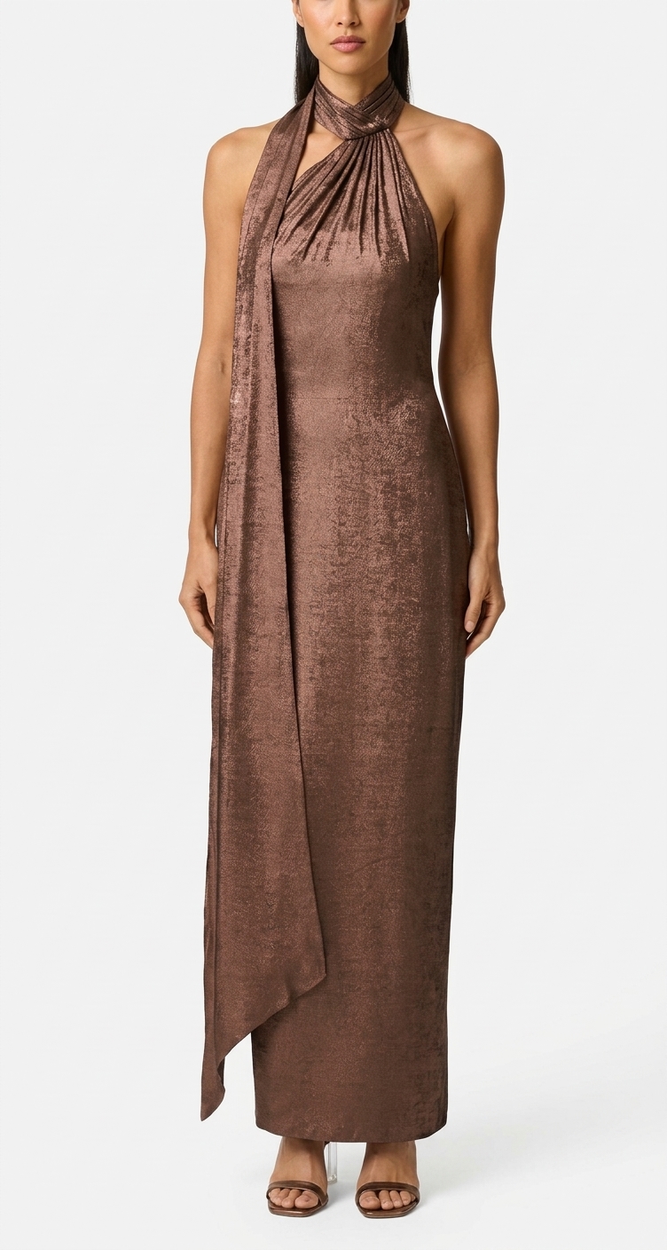 VESTIDO HALTER METALIZADO CON BUFANDA